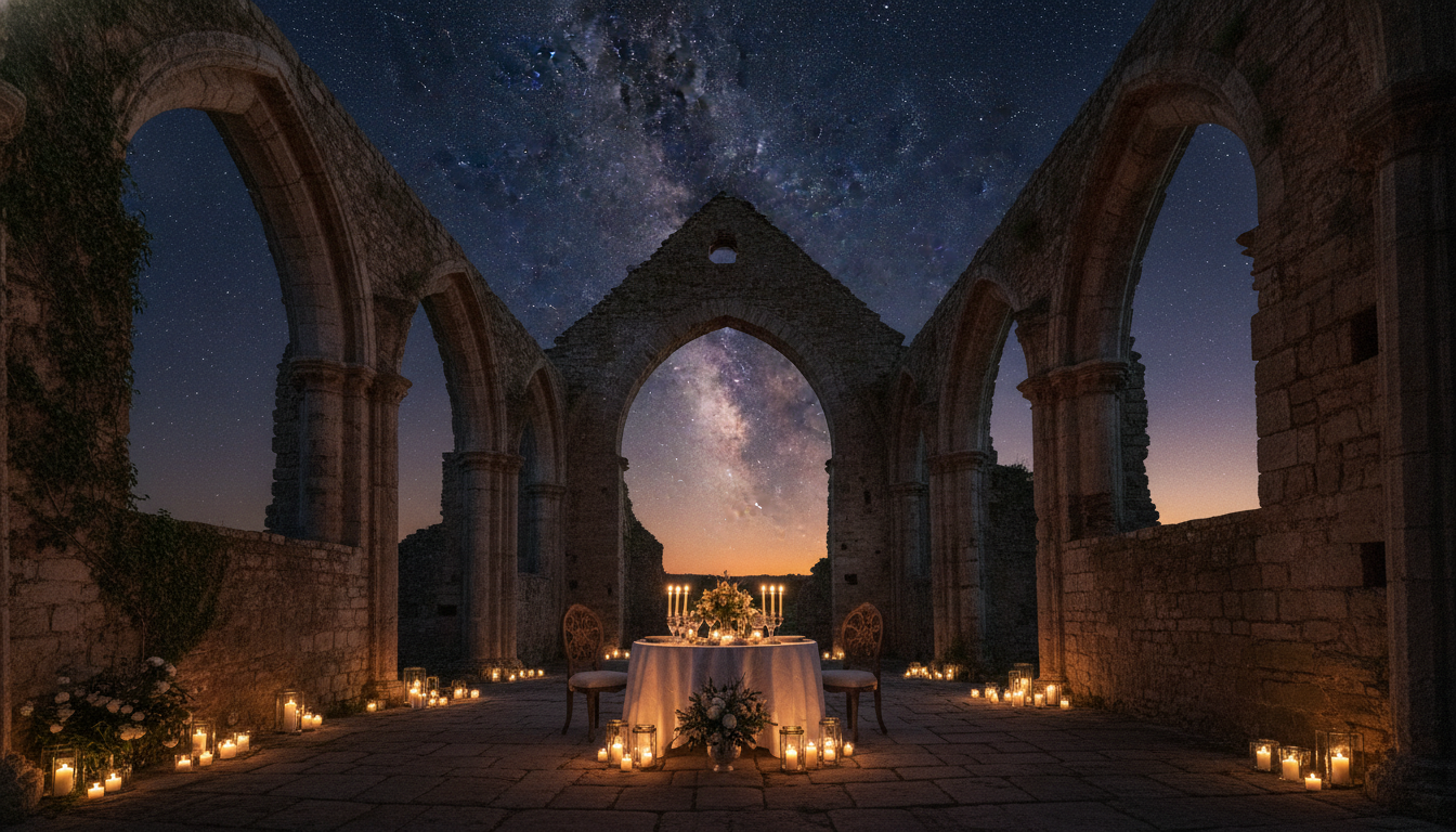 Proposal setup inside the roofless Gothic nave of Abbazia di San Galgano, Tuscany – abbazia di san galgano proposal tuscany – Kiss Me Italy