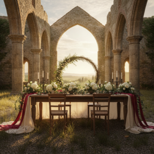 Vow renewal ceremony inside the roofless Gothic nave of Abbazia di San Galgano, Tuscany – abbazia di san galgano vow renewal tuscany – Kiss Me Italy
