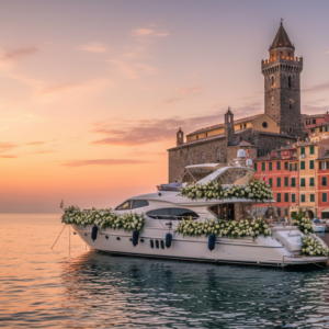 Vow renewal by boat and medieval tower on the Gulf of Poets at Portovenere – boat vow renewal Italy – Kiss Me Italy