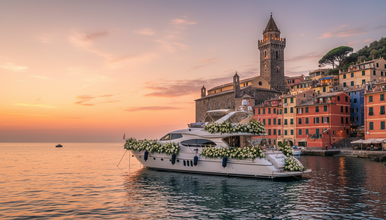 Vow renewal by boat and medieval tower on the Gulf of Poets at Portovenere – boat vow renewal Italy – Kiss Me Italy