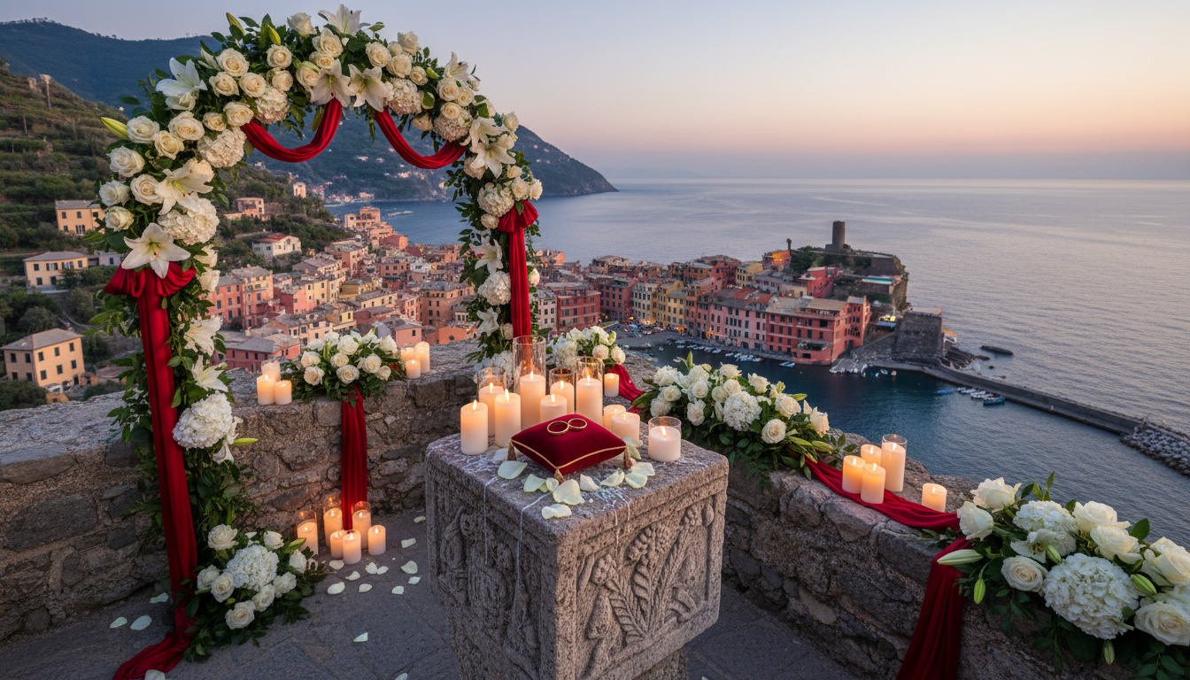 Anniversary vow renewal with rings and candles on the tower of Portovenere – tower vow renewal Italy – Kiss Me Italy