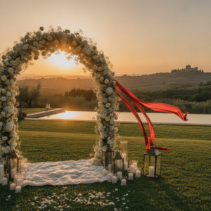 Secret elopement ceremony with red ribbon on a private Tuscan estate facing Poppi Castle – private estate elopement Tuscany – Kiss Me Italy