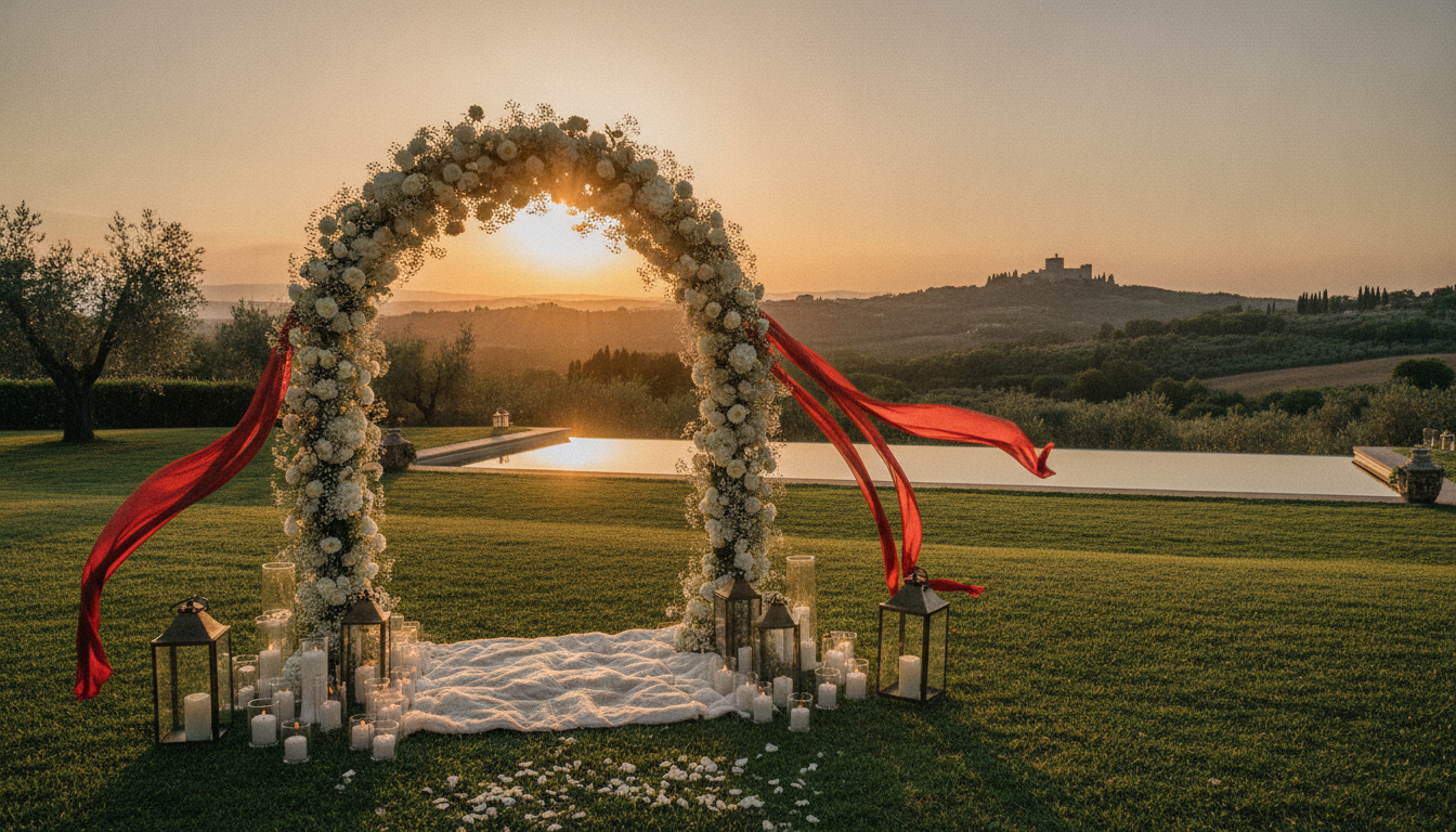 Secret elopement ceremony with red ribbon on a private Tuscan estate facing Poppi Castle – private estate elopement Tuscany – Kiss Me Italy