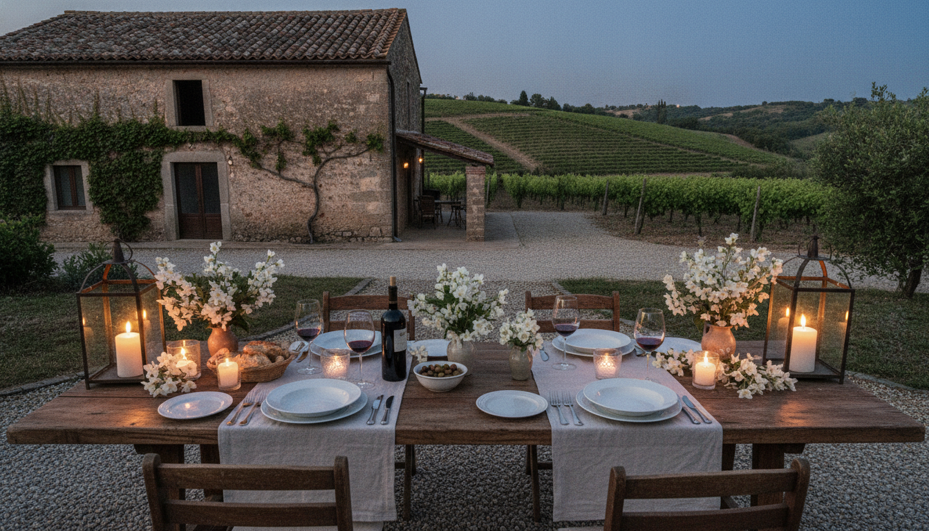 Candlelit proposal dinner in the gardens of a Sicilian wine estate near Ragusa – private villa proposal Sicily – Kiss Me Italy