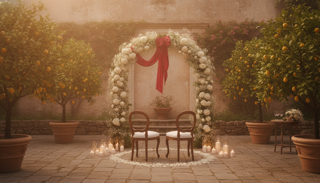 Elopement ceremony with red ribbon among citrus trees at a Sicilian country estate – elope in Sicily – Kiss Me Italy