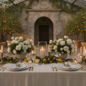 Candlelit proposal dinner in the Orangerie of a Sicilian country estate at sunset – Sicily marriage proposal – Kiss Me Italy
