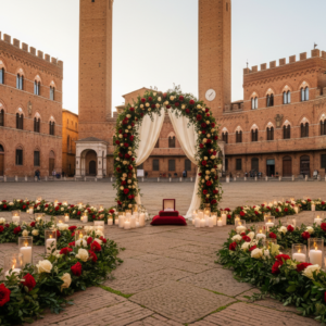 Proposal setup with flowers in a medieval piazza in Siena near Florence – siena tour proposal – Kiss Me Italy