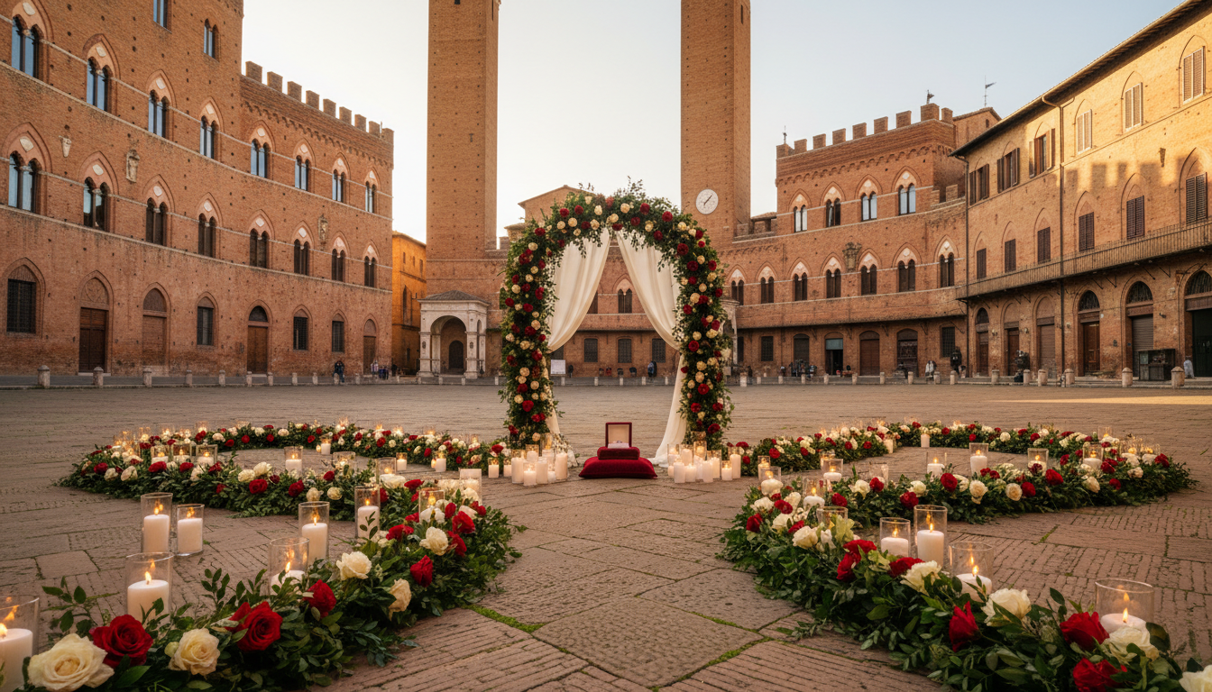 Proposal setup with flowers in a medieval piazza in Siena near Florence – siena tour proposal – Kiss Me Italy