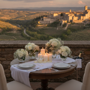 Proposal setup on the panoramic terrace of Tenuta San Masseo above Assisi – tenuta san masseo proposal assisi – Kiss Me Italy