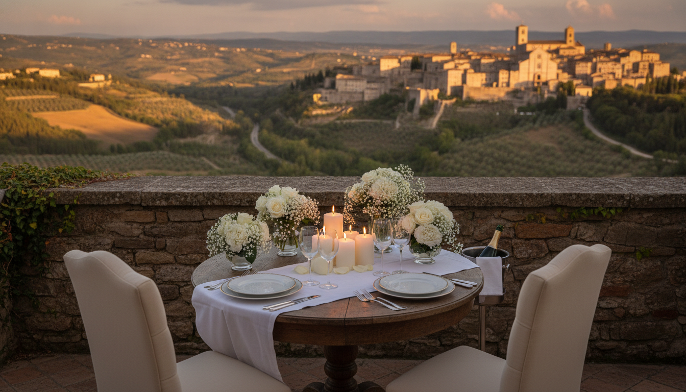 Proposal setup on the panoramic terrace of Tenuta San Masseo above Assisi – tenuta san masseo proposal assisi – Kiss Me Italy