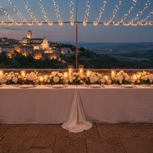 Wedding dinner overlooking Assisi at Tenuta San Masseo – tenuta san masseo wedding assisi – Kiss Me Italy