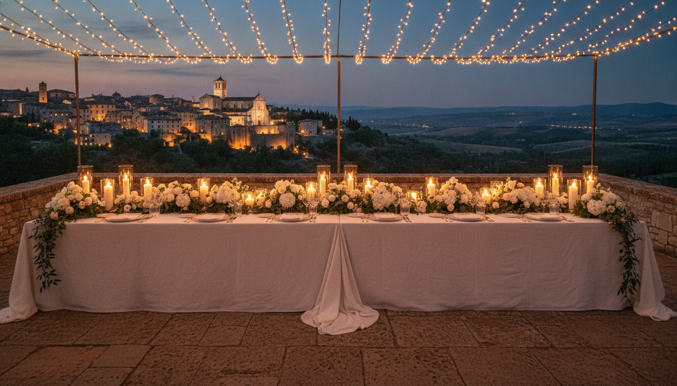 Wedding dinner overlooking Assisi at Tenuta San Masseo – tenuta san masseo wedding assisi – Kiss Me Italy