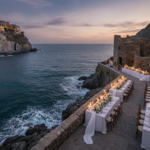 Wedding dinner on the sea terraces of Torre Aurora in Monterosso, Cinque Terre – Torre Aurora Monterosso wedding – Kiss Me Italy