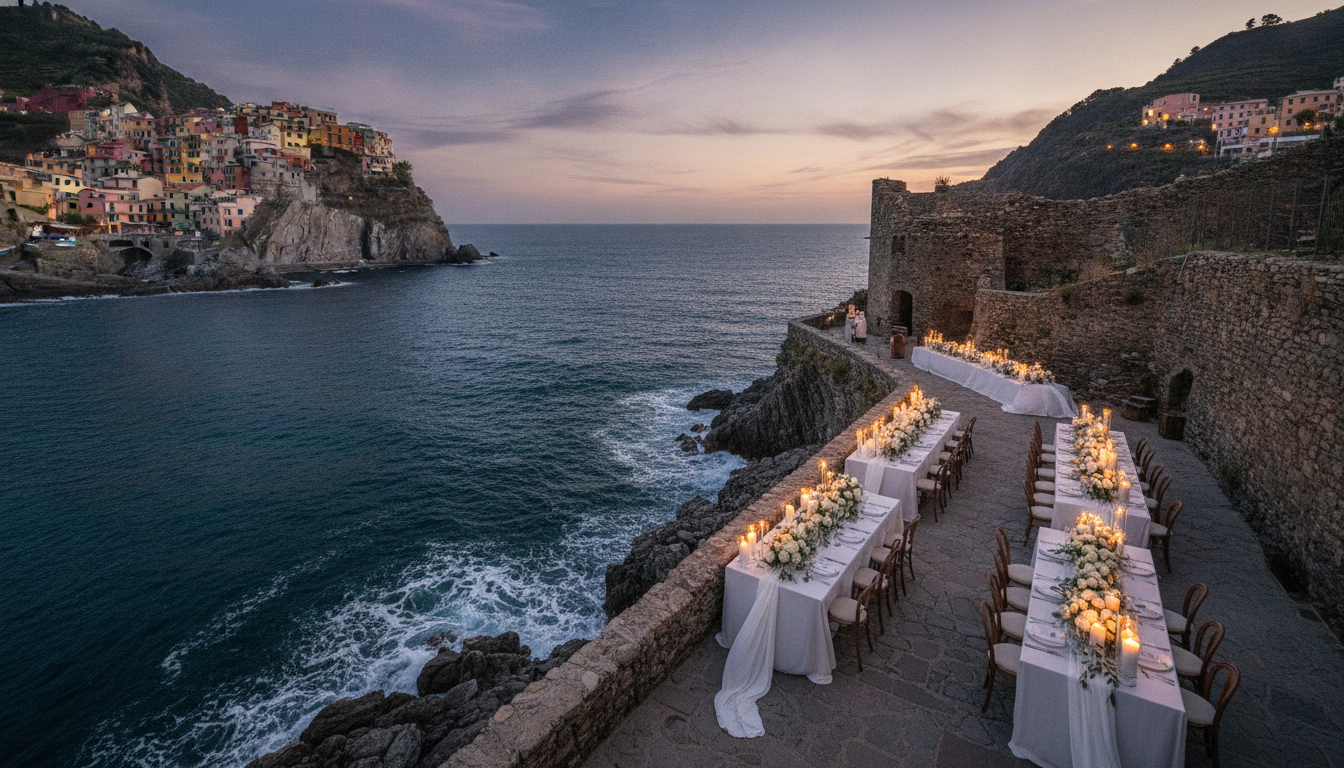 Wedding dinner on the sea terraces of Torre Aurora in Monterosso, Cinque Terre – Torre Aurora Monterosso wedding – Kiss Me Italy