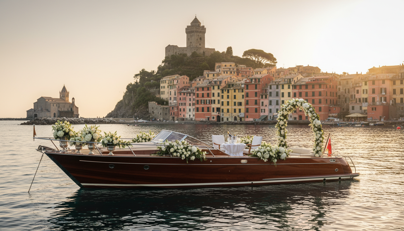 Private boat and medieval tower elopement in Portovenere on the Gulf of Poets – boat elopement Italy – Kiss Me Italy