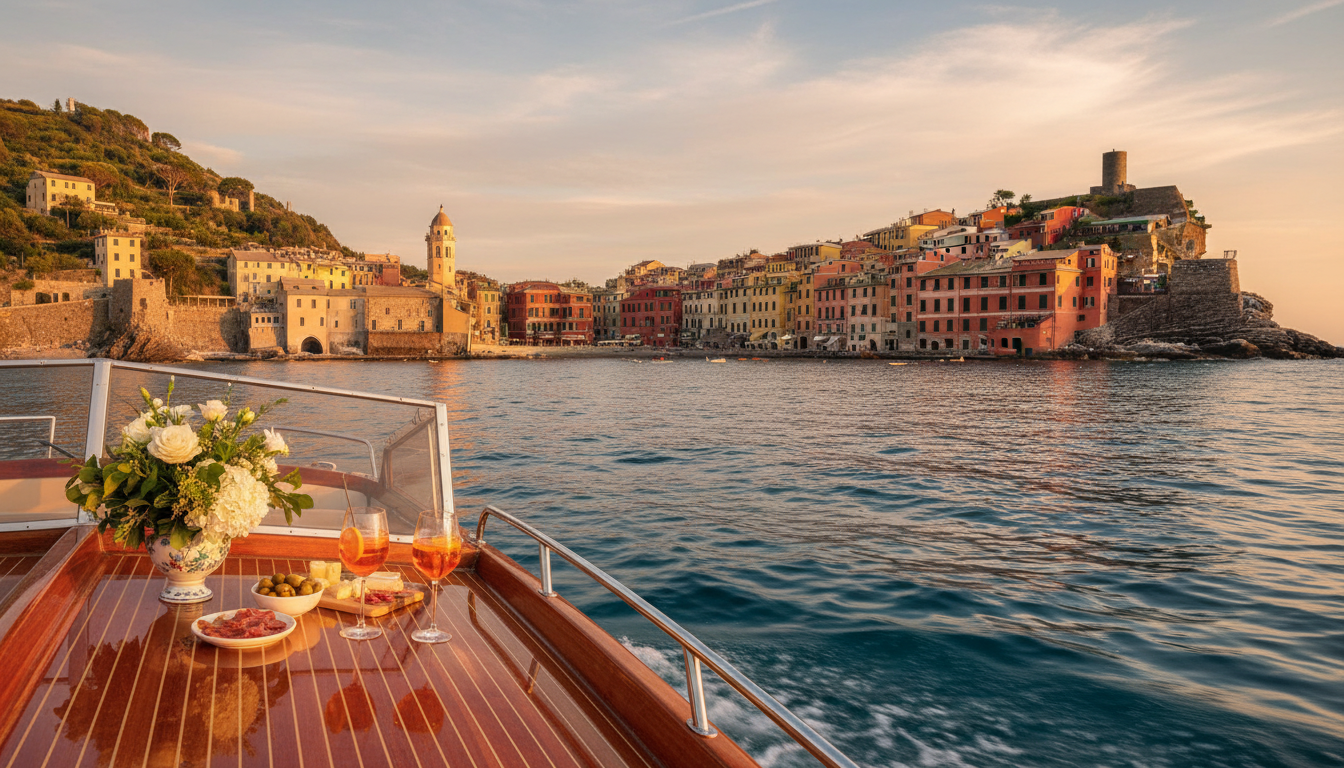Private boat approaching Portovenere with aperitivo before a tower proposal – boat proposal Liguria – Kiss Me Italy