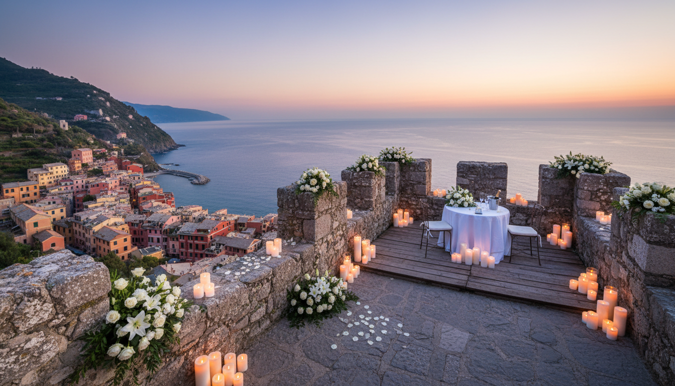 Candlelit proposal on top of the medieval Torre Capitolare over Portovenere – marriage proposal Portovenere – Kiss Me Italy