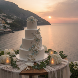 Multi-Day Wedding — Amalfi Coast (Tramonto d’Oro) Wedding cake presentation overlooking the Amalfi Coast at Hotel Tramonto d'Oro – hotel tramonto d'oro multi-day wedding amalfi – Kiss Me Italy