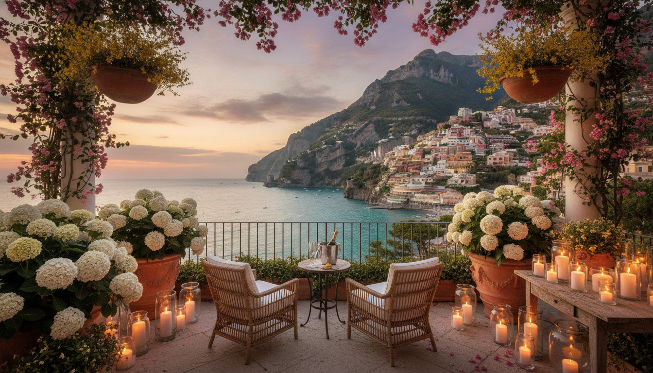Proposal setup on a private room terrace above the Amalfi Sea at Hotel Tramonto d'Oro – amalfi coast private terrace proposal – Kiss Me Italy
