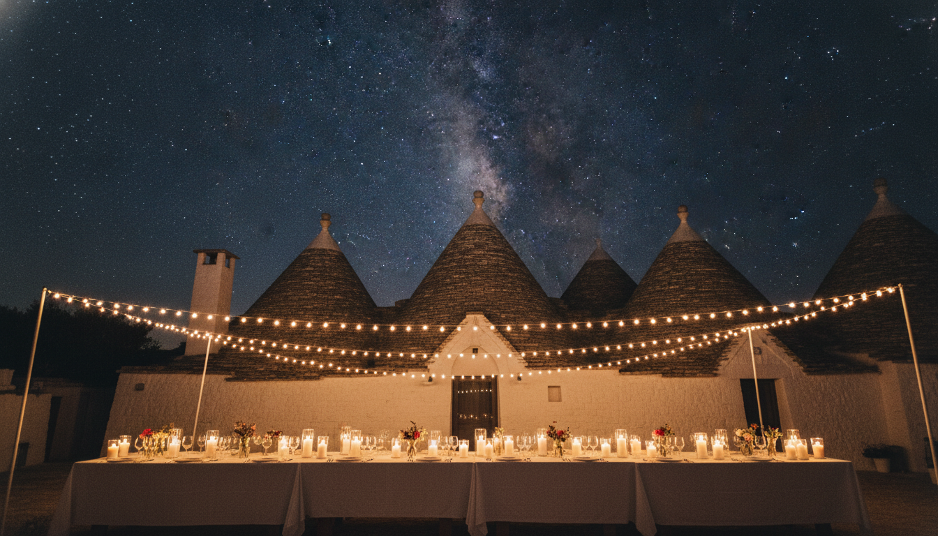 Evening wedding party under the stars among the trulli of Puglia – Trulli Wedding Experience – Kiss Me Italy