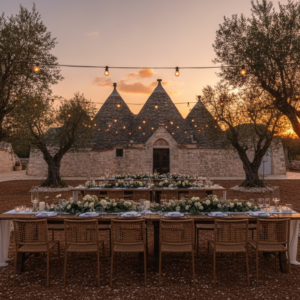 Wedding reception among the cone-roofed trulli at the Trulivo estate near Monopoli – trulli wedding Puglia – Kiss Me Italy
