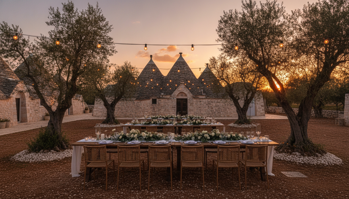 Wedding reception among the cone-roofed trulli at the Trulivo estate near Monopoli – trulli wedding Puglia – Kiss Me Italy