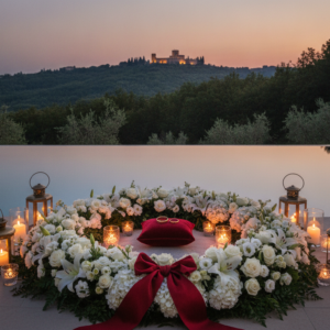 Anniversary vow renewal beside an infinity pool facing Poppi Castle – private estate vow renewal Tuscany – Kiss Me Italy