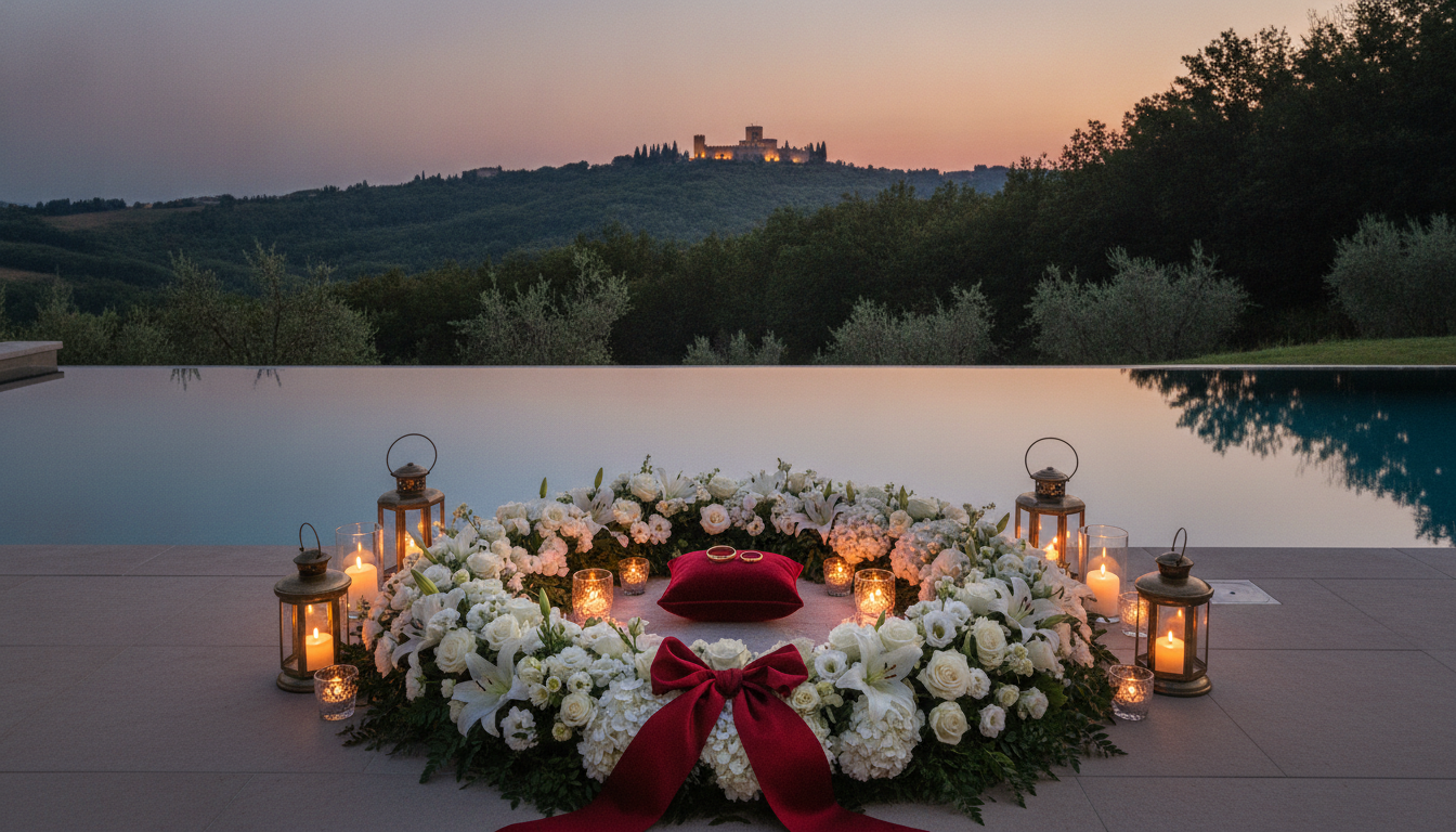 Anniversary vow renewal beside an infinity pool facing Poppi Castle – private estate vow renewal Tuscany – Kiss Me Italy