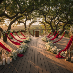 Elopement ceremony with red ribbon on a tree house terrace in the Tuscan woods – tree house elopement – Kiss Me Italy