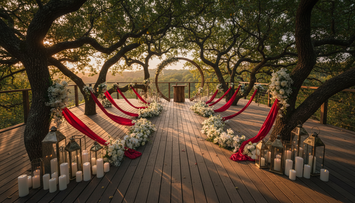 Elopement ceremony with red ribbon on a tree house terrace in the Tuscan woods – tree house elopement – Kiss Me Italy