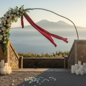 Elopement ceremony with red ribbon in the gardens of Villa Antiche Mura over the Gulf of Naples – villa antiche mura elopement – Kiss Me Italy