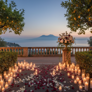 Proposal setup with flowers and candles in the gardens of Villa Antiche Mura over the Gulf of Naples – villa antiche mura proposal – Kiss Me Italy