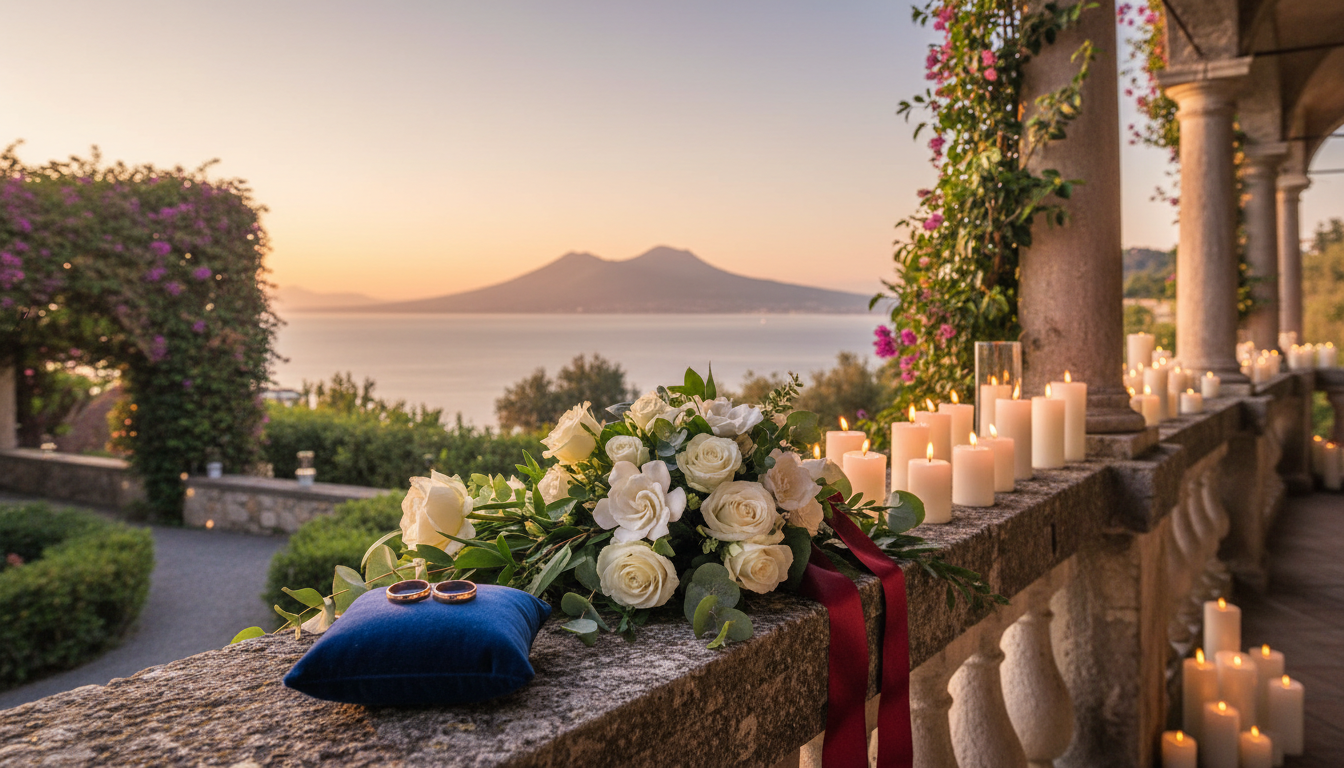 Vow renewal setup with rings and red ribbon in the gardens of Villa Antiche Mura in Sorrento – villa antiche mura vow renewal – Kiss Me Italy