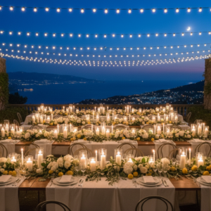 Wedding dinner under string lights in the gardens of Villa Antiche Mura in Sorrento – sorrento villa wedding dinner – Kiss Me Italy