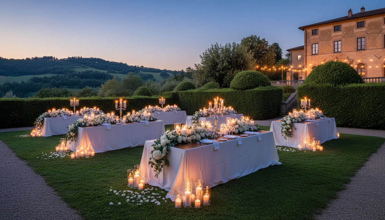 Wedding dinner in the gardens of Villa Cariola in the hills near Verona – Villa Cariola wedding – Kiss Me Italy