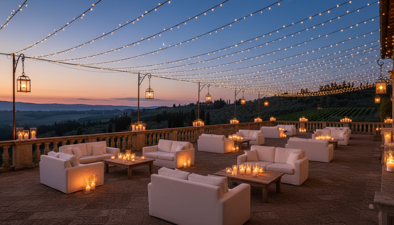 Evening after party on the panoramic terrace of a villa between Verona and Lake Garda – romantic wedding Verona – Kiss Me Italy