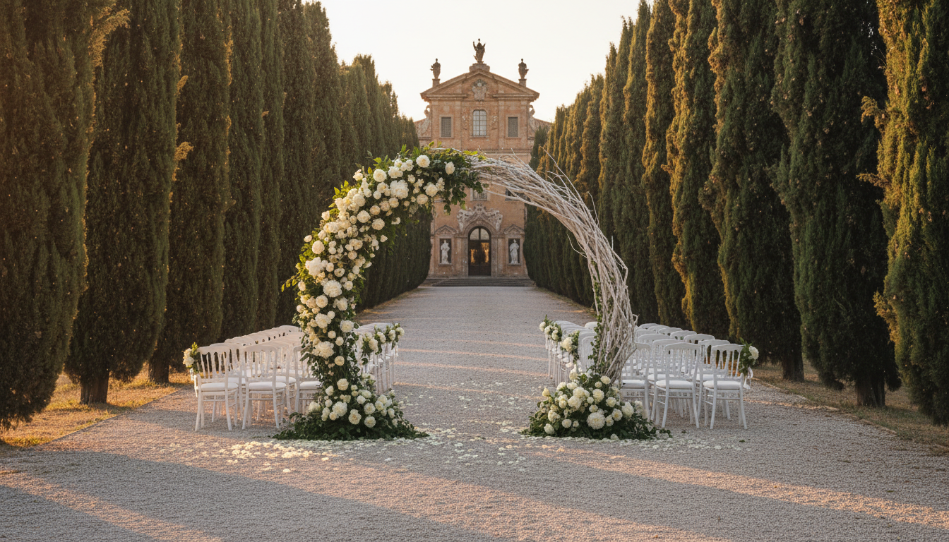 Wedding ceremony along the cypress avenue of Villa Cetinale near Siena – villa cetinale wedding – Kiss Me Italy