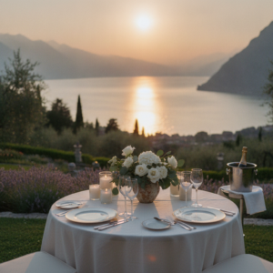Proposal setup in the lakeview garden of Villa Cortine Palace, Lake Garda – villa cortine palace proposal lake garda – Kiss Me Italy