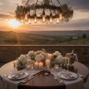 Proposal table setup under a chandelier at Villa Cozzano, Umbria – villa cozzano proposal umbria – Kiss Me Italy