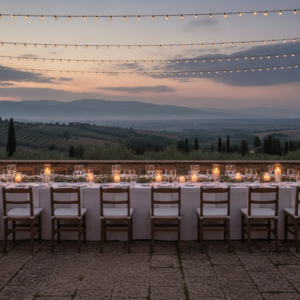 The Rolling Hills Estate Wedding — Umbria Wedding dinner table at Villa Cozzano overlooking the Umbrian hills – villa cozzano wedding umbria – Kiss Me Italy