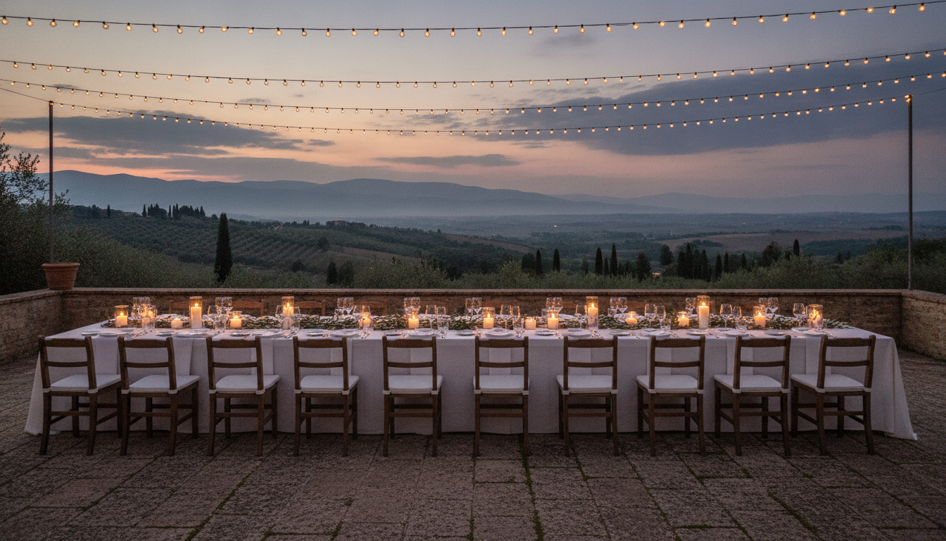Wedding dinner table at Villa Cozzano overlooking the Umbrian hills – villa cozzano wedding umbria – Kiss Me Italy