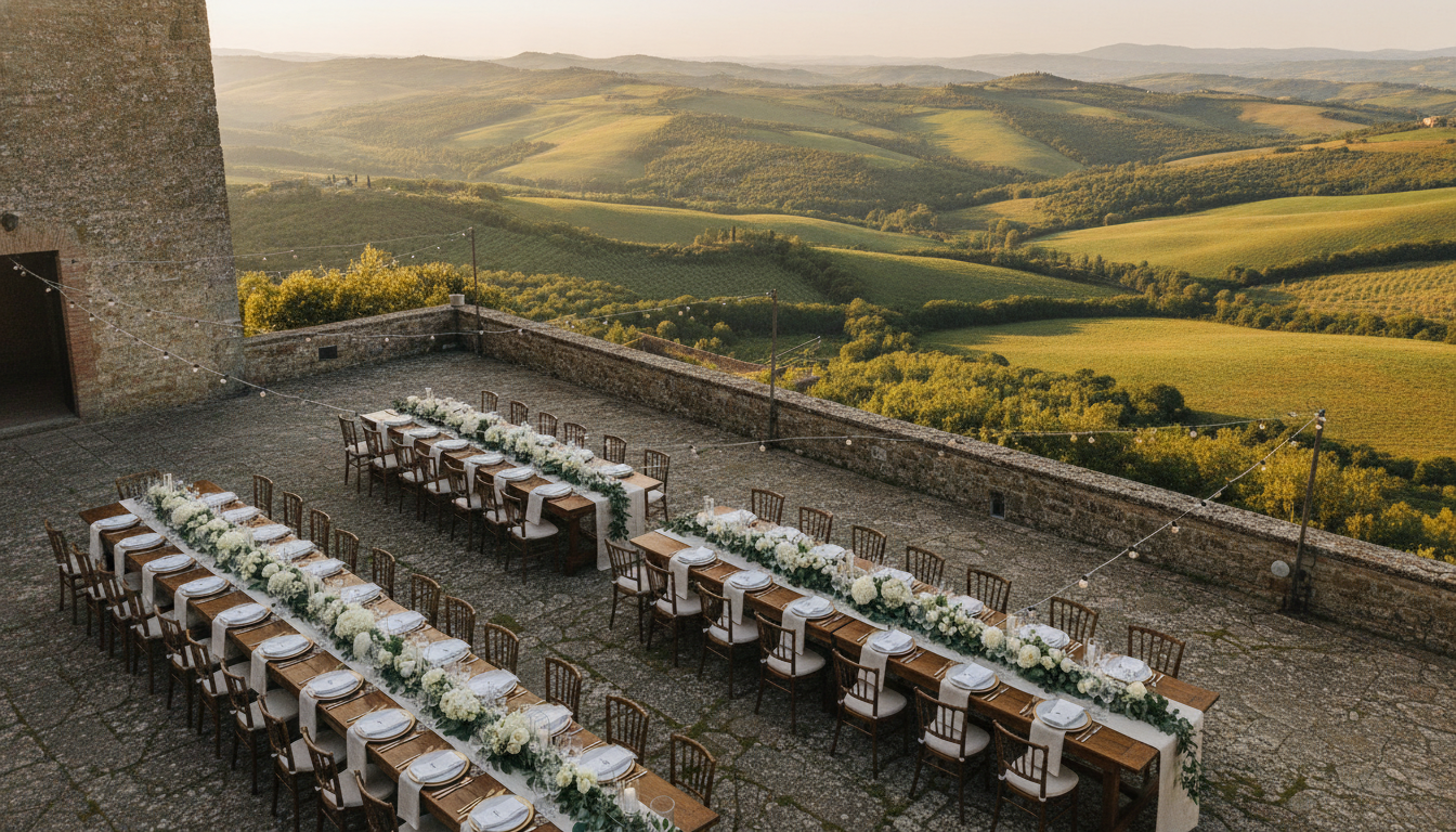 Wedding reception setup at Villa Cozzano on the Umbria-Tuscany border – villa cozzano wedding umbria – Kiss Me Italy