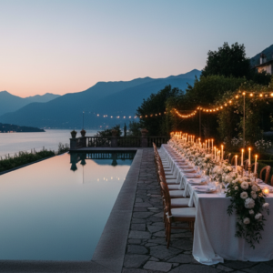 Wedding dinner by the pool of Villa La Cassinella over Lake Como at dusk – lake como private estate wedding dinner – Kiss Me Italy