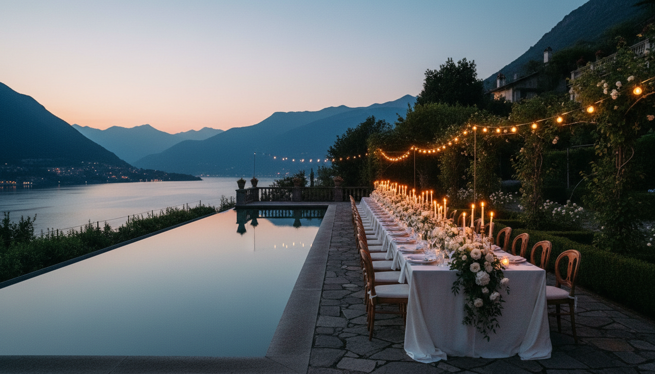 Wedding dinner by the pool of Villa La Cassinella over Lake Como at dusk – lake como private estate wedding dinner – Kiss Me Italy