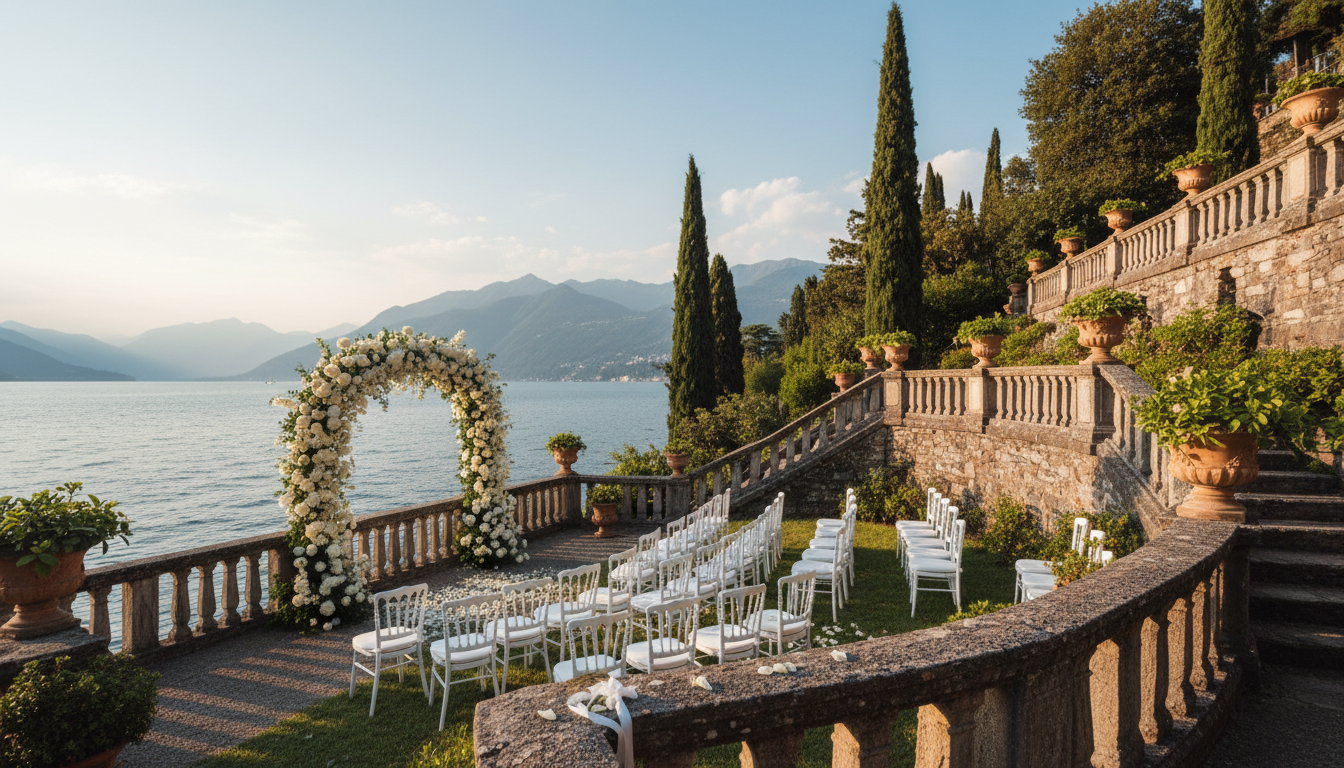 Wedding ceremony in the lakefront gardens of Villa La Cassinella on Lake Como – villa la cassinella wedding – Kiss Me Italy