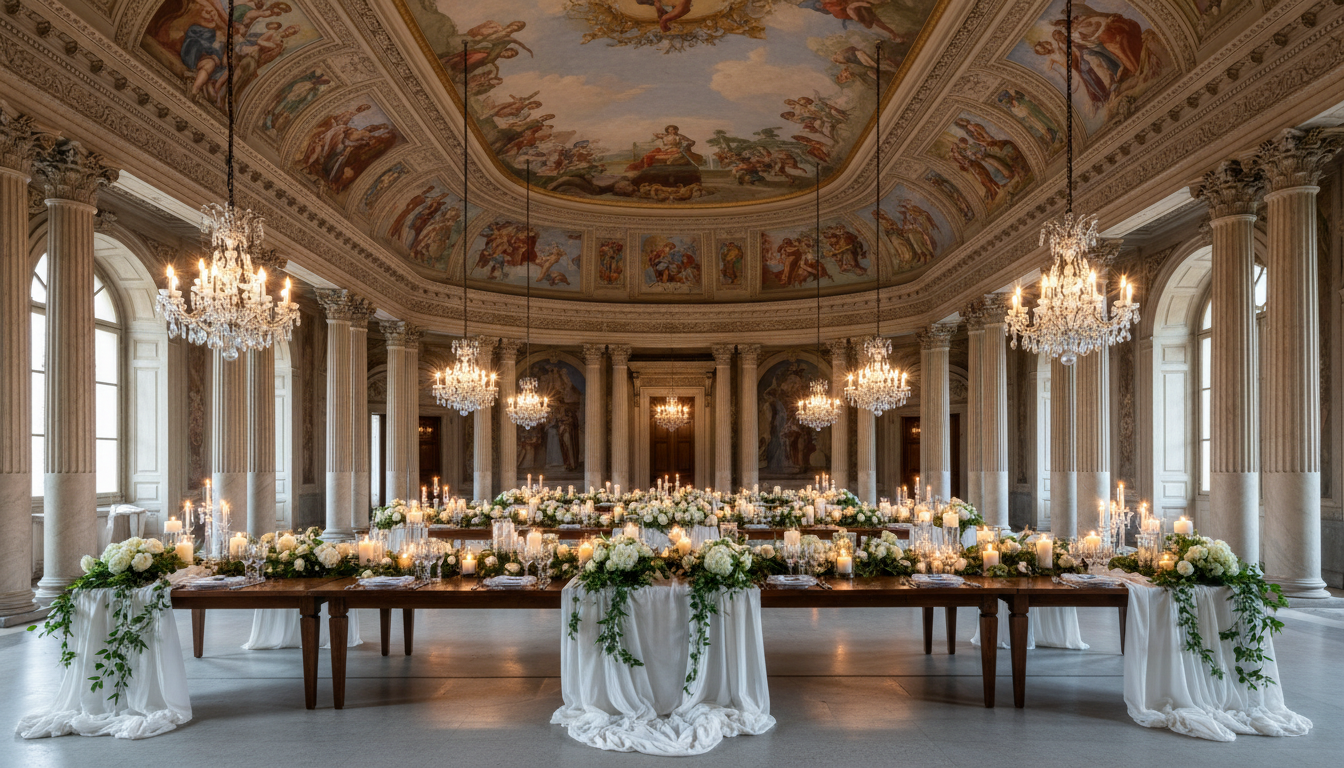 Wedding dinner in the monumental frescoed hall of Villa Mosconi Bertani – Villa Mosconi Bertani wedding – Kiss Me Italy