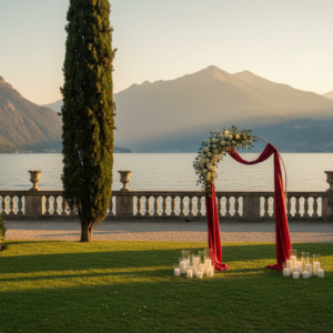 Elopement ceremony with red ribbon in the waterfront gardens of Villa Pizzo – villa pizzo elopement – Kiss Me Italy