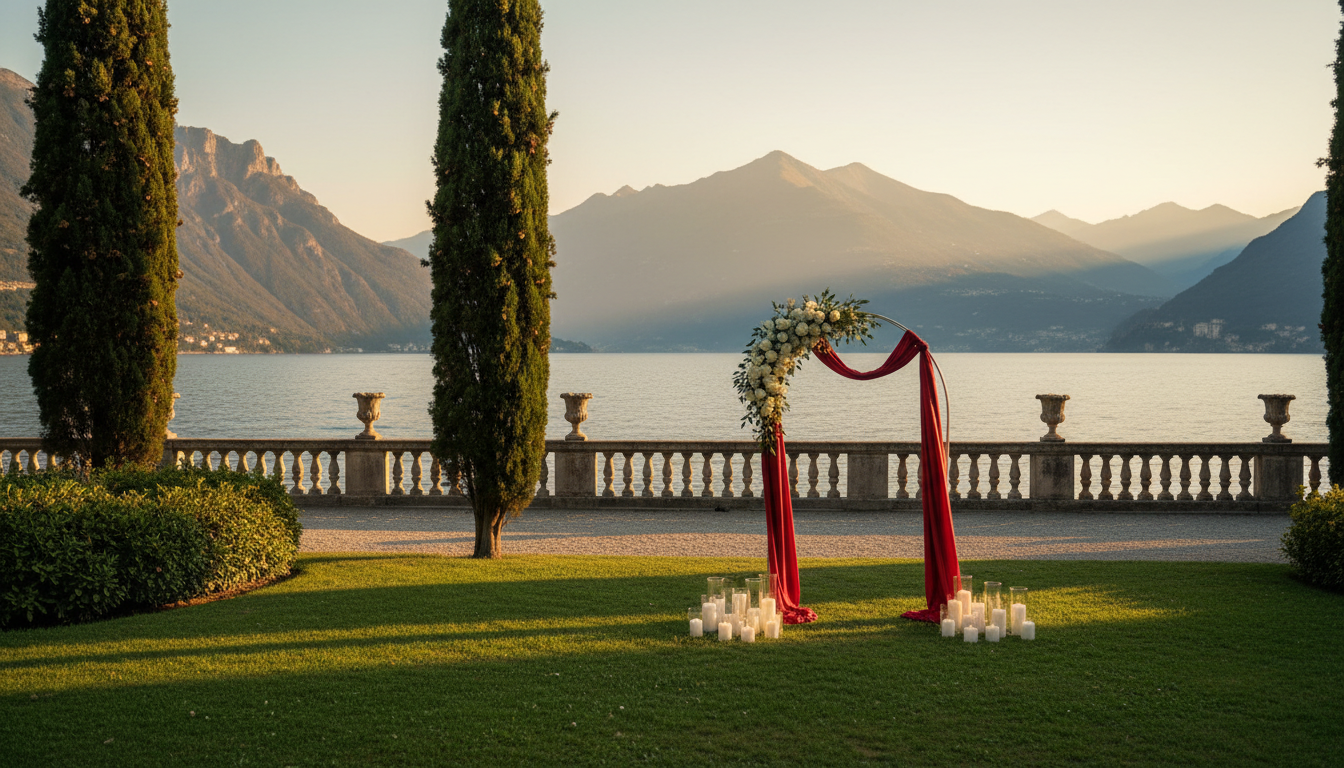 Elopement ceremony with red ribbon in the waterfront gardens of Villa Pizzo – villa pizzo elopement – Kiss Me Italy