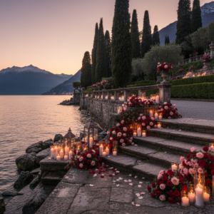 Proposal setup with flowers and candles at the lakefront of Villa Pizzo in Cernobbio – villa pizzo proposal – Kiss Me Italy
