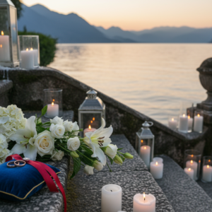 Vow renewal setup with rings and red ribbon in the gardens of Villa Pizzo on Lake Como – villa pizzo vow renewal – Kiss Me Italy
